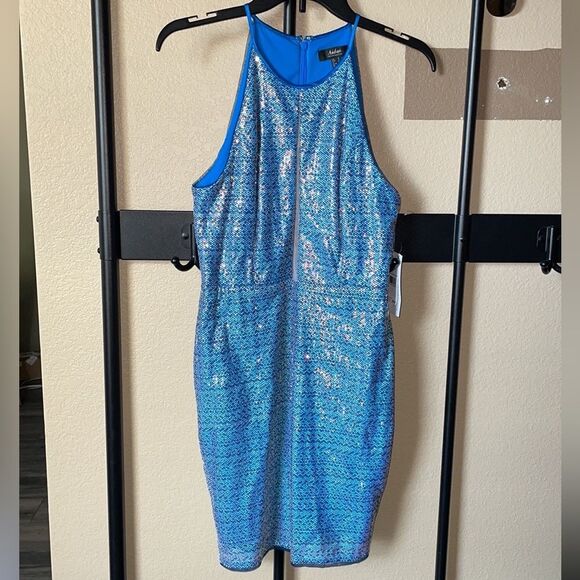 AIDAN MATTOX Sequined Tulle Halter Mini Dress size 6 NWT Cutout Sheath Cocktail - Picture 5 of 11
